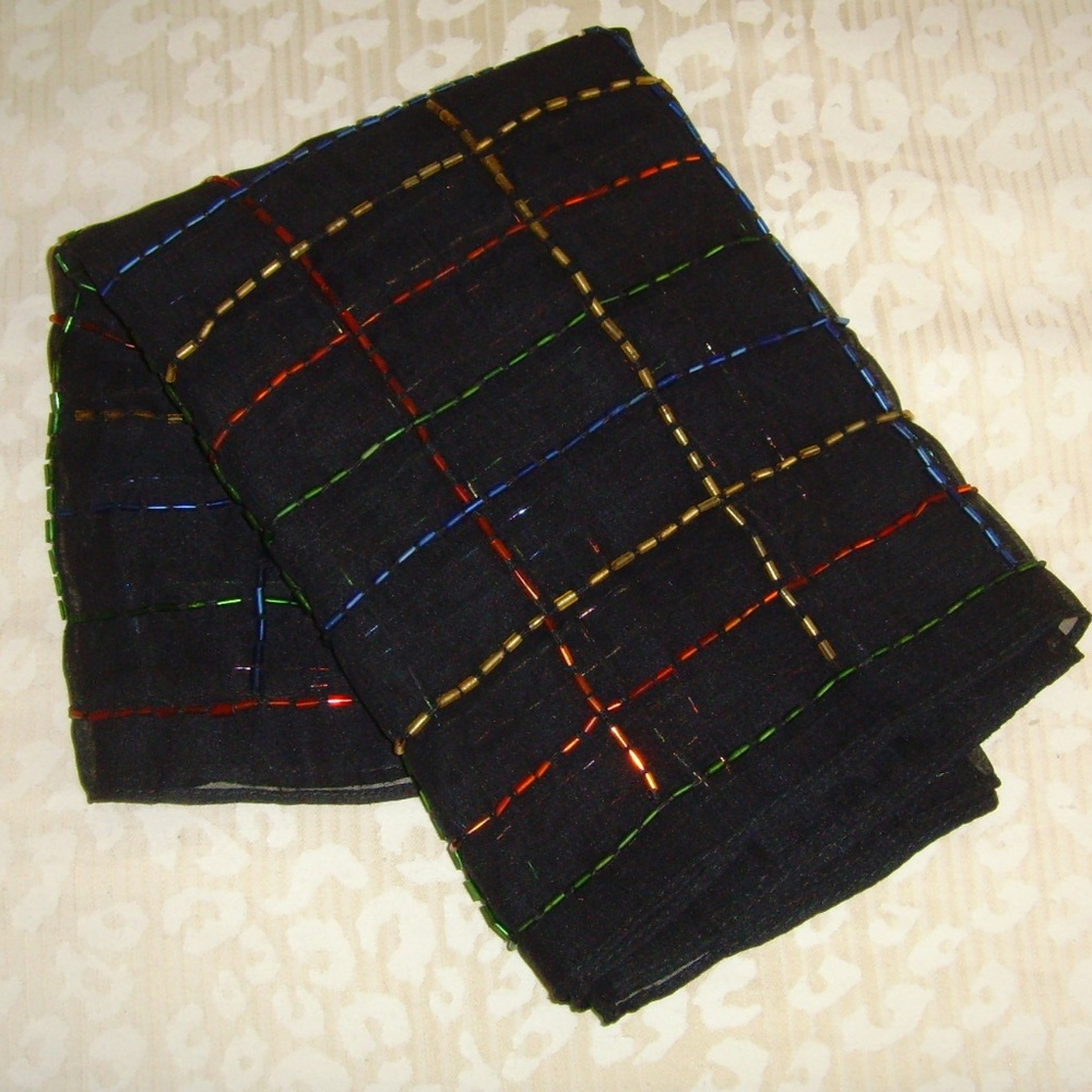 Vintage Elegant Sheer Black Scarf with Tubular Baguettes  58" by 13.5" - Picture 13 of 14